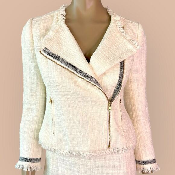 J. Crew Ivory Two Piece Suit Set Moto Jacket Skirt Women Size 2/4 Tweed Fringed - Picture 5 of 14